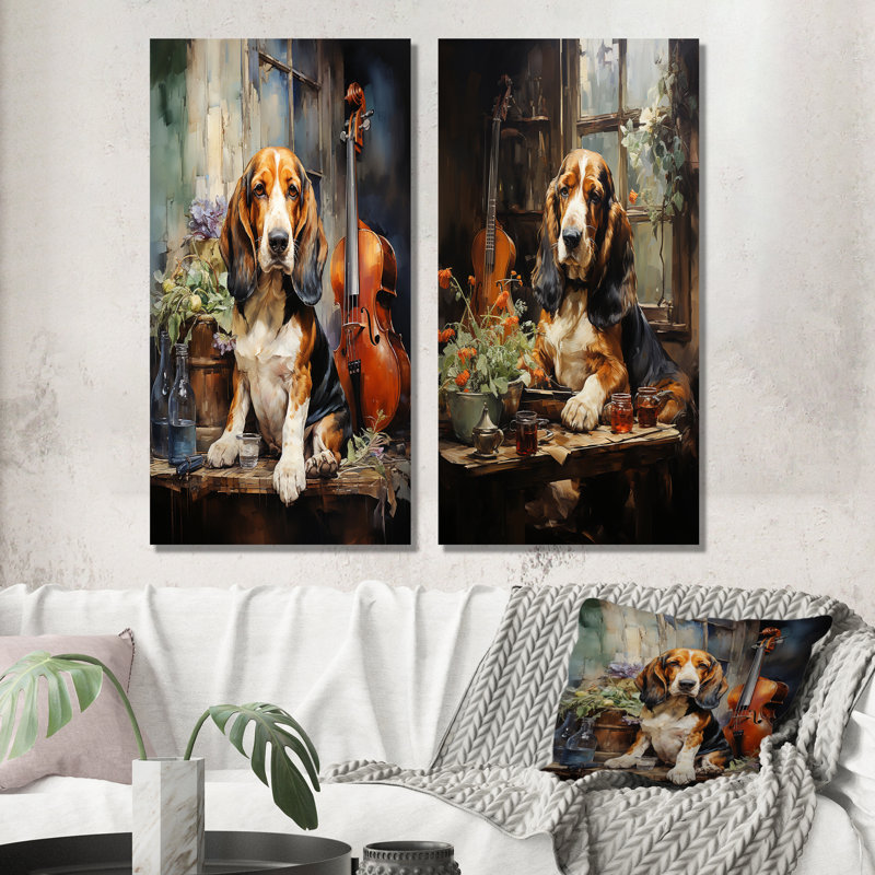 Basset hound melody - ensemble de 2 reproductions d'art mural, H 28 po x l 25 po, Toile tendue