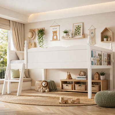 Lit mezzanine pleine grandeur avec garde-corps pleine longueur, lit mezzanine bas en bois massif avec échelles et tablette à côté, forme chic et conception à profil bas, beige
