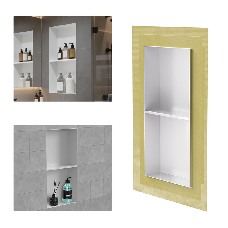 Niche de douche encastrée en acier inoxydable blanc uni avec 2 compartiments Uni-Green, Blanc