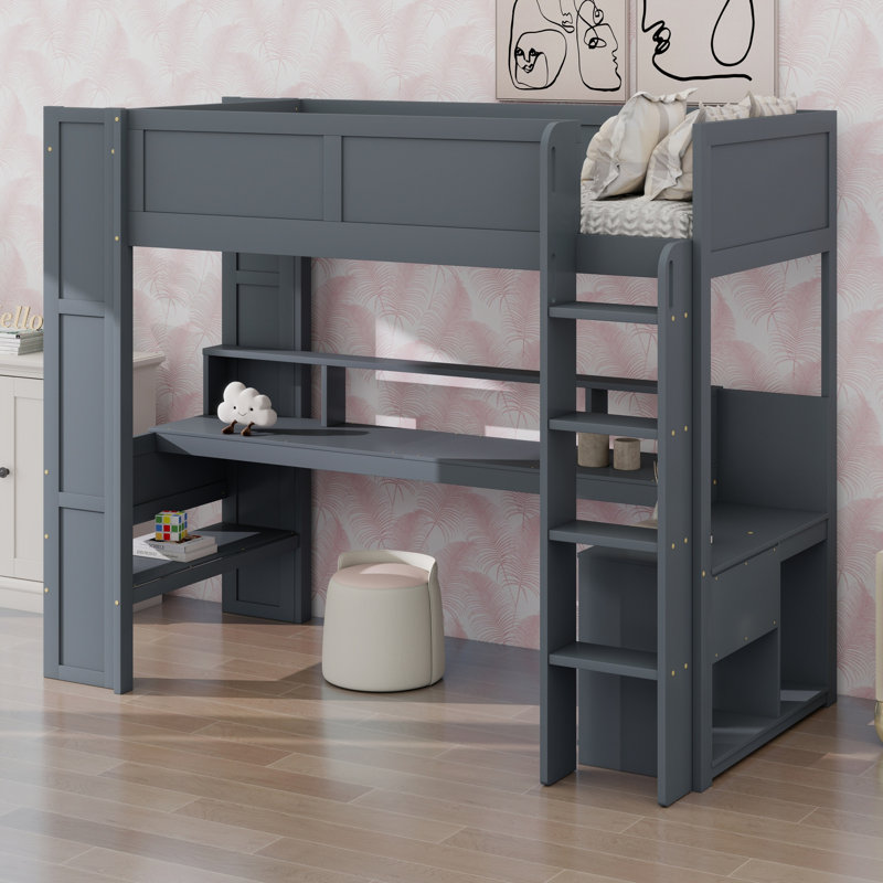 Lit mezzanine moderne pour les adolescents avec bureau, tablettes multiples, DEL et station de charge