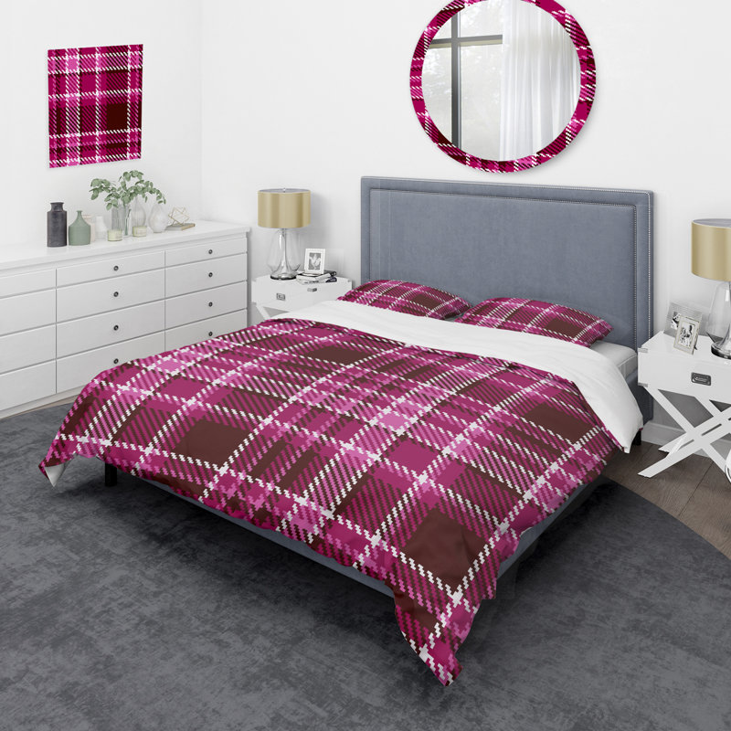 Tartan à carreaux roses - Ensemble de housse de couette abstrait - Microfibre de polyester