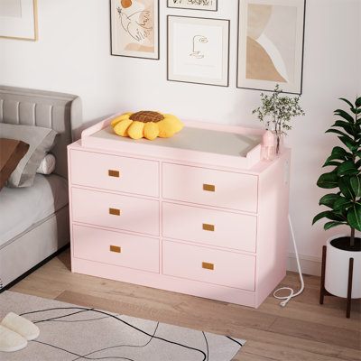 Commode de chambre de bébé avec table à langer, commode pour bébé à 6 tiroirs avec ensemble anti-basculement, plateau imperméable et rails de sécurité, organisateur de rangement en MDF non toxique pour les vêtements, rose