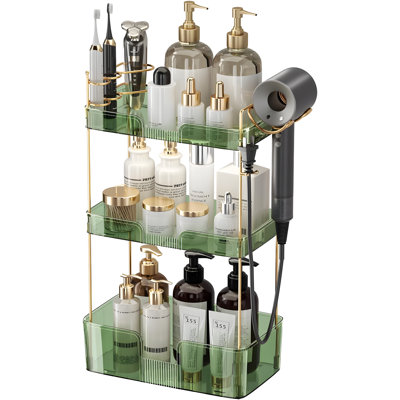 Comptoir de salle de bain à 3 niveaux avec support pour sèche-cheveux et porte-brosse à dents - Plateau de coiffeuse pour la commode de salle de bain - Maquillage nordique minimaliste