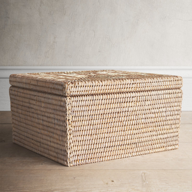 Coastal Breezy White Wash Handwoven Rattan Storage Box with Lid