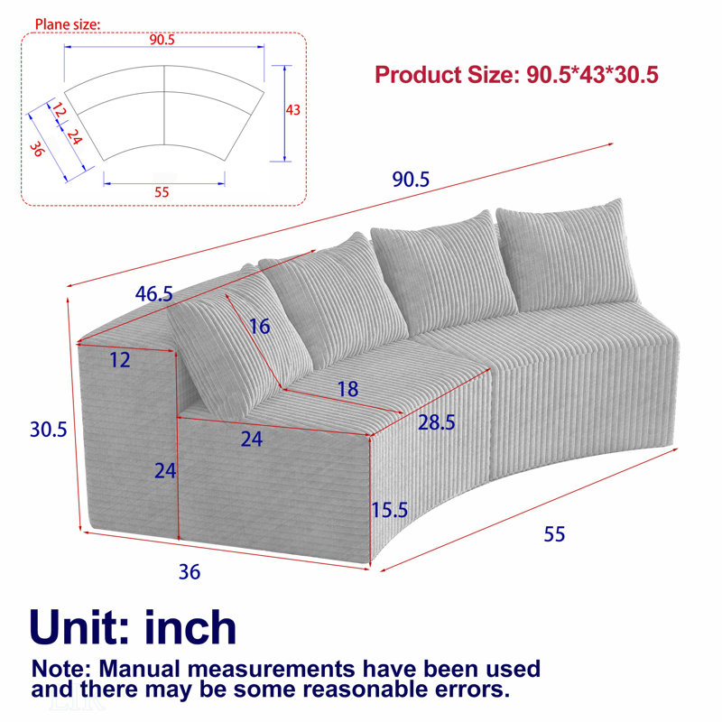 Canapé en mousse Corduroy, H 30,5 po x l 181 po x P 36 po, Velours côtelé gris