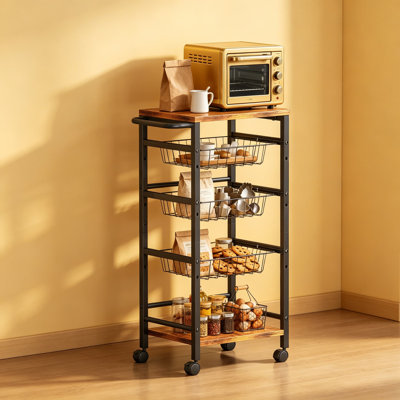 5-Tier Snack Organizer Cart with 3 Height Adjustable Pull-Out Baskets and 2 Storage Shelves, Utility Kitchen Organizer and Storage Cart with Convenient Handle for Fruit, Potato, Onion, Vegetable, and Snack