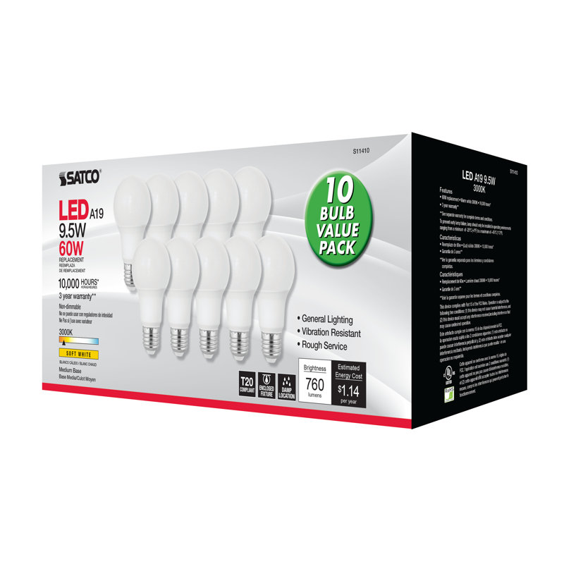 9.5 Watt White LED Bulb, 3000K, 10