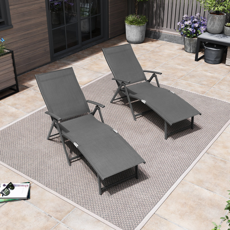 Gray Aluminum Adjustable Outdoor Chaise Lounge Set with Arms