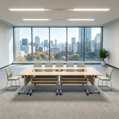 Modern Modular Conference Table with Wood Grain Top and Casters, Movable Office Meeting Table for Conference Room, Training Room and Collaborative Workspace