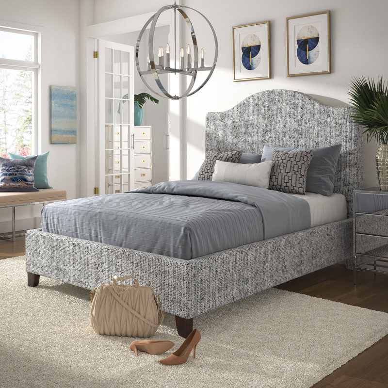 Herning Upholstered Slat Bed With Curved Headboard - Queen Size, White And Black Tweed Chenille Fabric