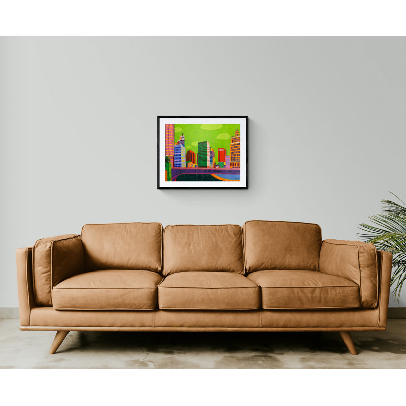 «Chicago Skyline» par Sue Graef - Peinture, H 24 po x l 30 po, Papier avec cadre noir