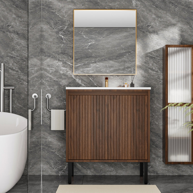 Meuble-lavabo de 36 po avec lavabo, structure autoportante pour une stabilité au sol, fermeture silencieuse pour un fonctionnement silencieux, finition en chêne élégant pour une esthétique moderne (lavabo blanc)