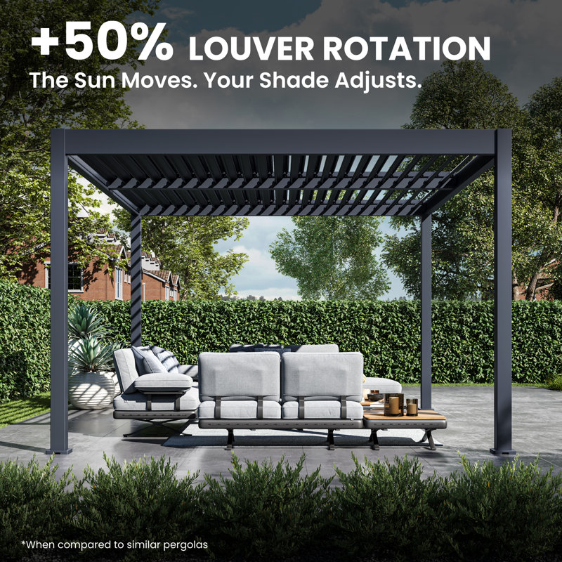 Grand Tuscan 12'x14' Aluminum Pergola with Adjustable Louvered Roof, 14' W x 12' D