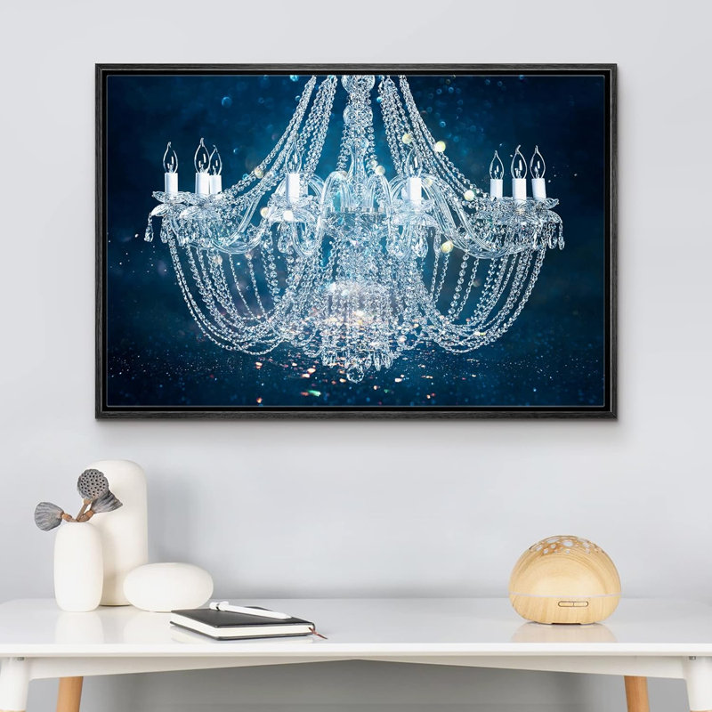 «Blue Glitter», lustre en cristal blanc fantaisie, lumières, art mural contemporain élégant sur toile, Cadre flottant noir