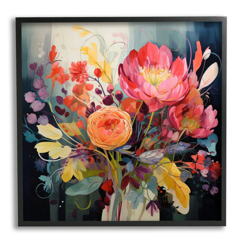Bb-254 - Fleurs mixtes modernes encadrées sur bois, Giclée encadrée noir minuit, 24" H x 24" W x 1.5" D