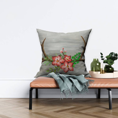 Deer horns and pink flowers - 26"x26" Throw pillow - Poly twill - Print on demand