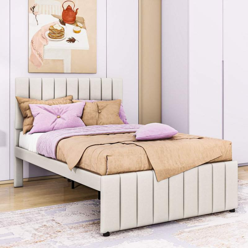 Lit plateforme tapissier avec lit gigogne et 3 tiroirs, Beige, Complète