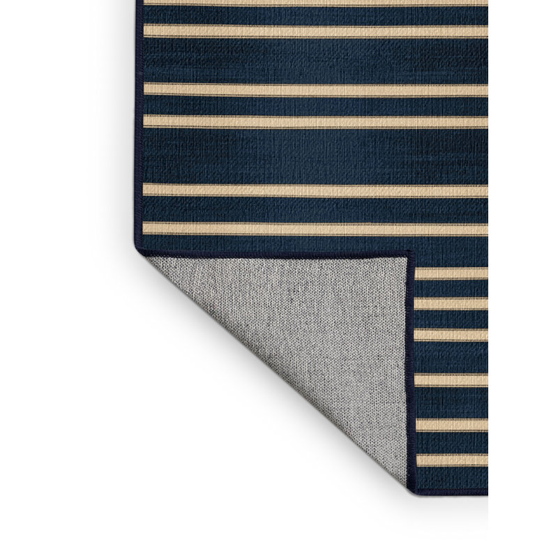 Washable Midnight Blue Cream Striped Area Rug, Square 5'