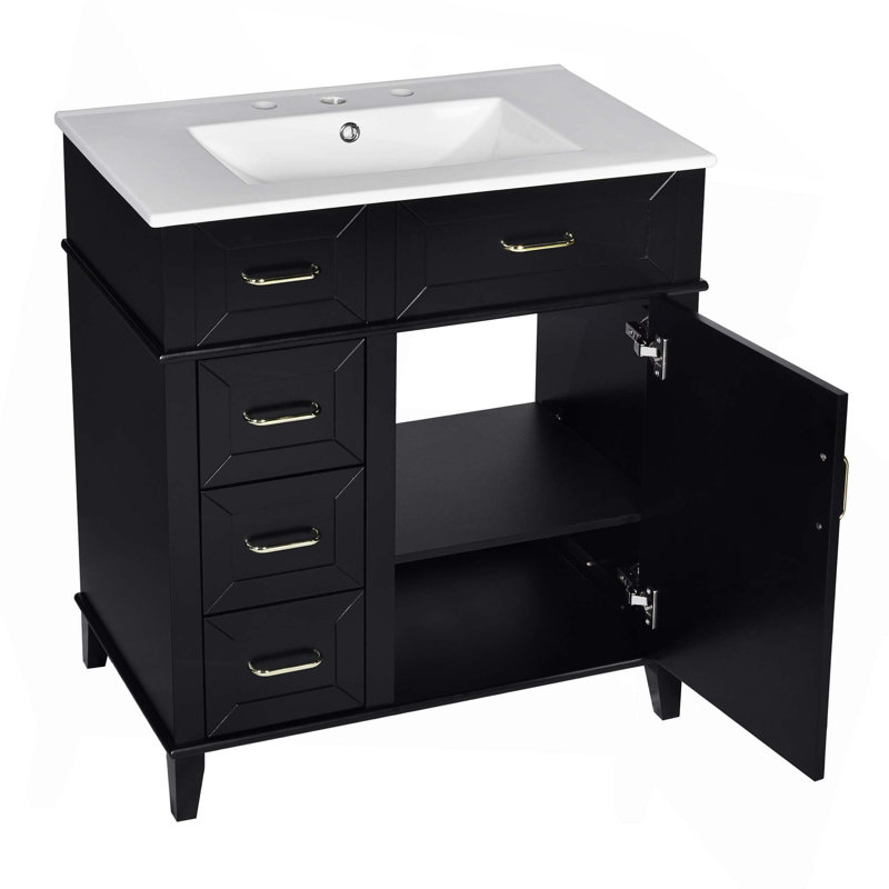 Meuble-lavabo de 30 pouces avec lavabo en céramique, tablette réglable, porte à fermeture en douceur et trois tiroirs à fermeture en douceur
