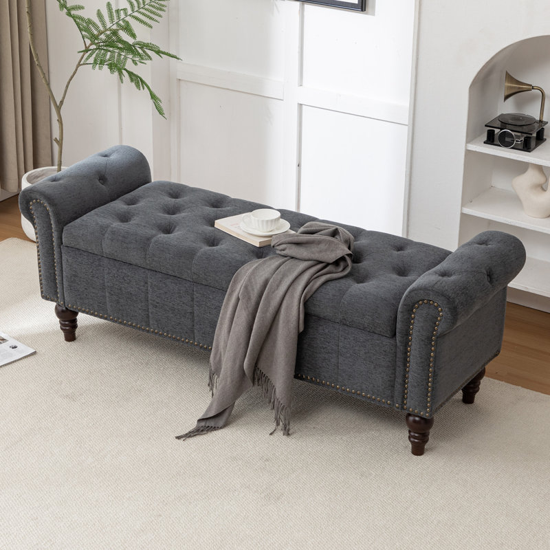 Banc rembourré de 59 po de largeur avec boîte de rangement, Gris