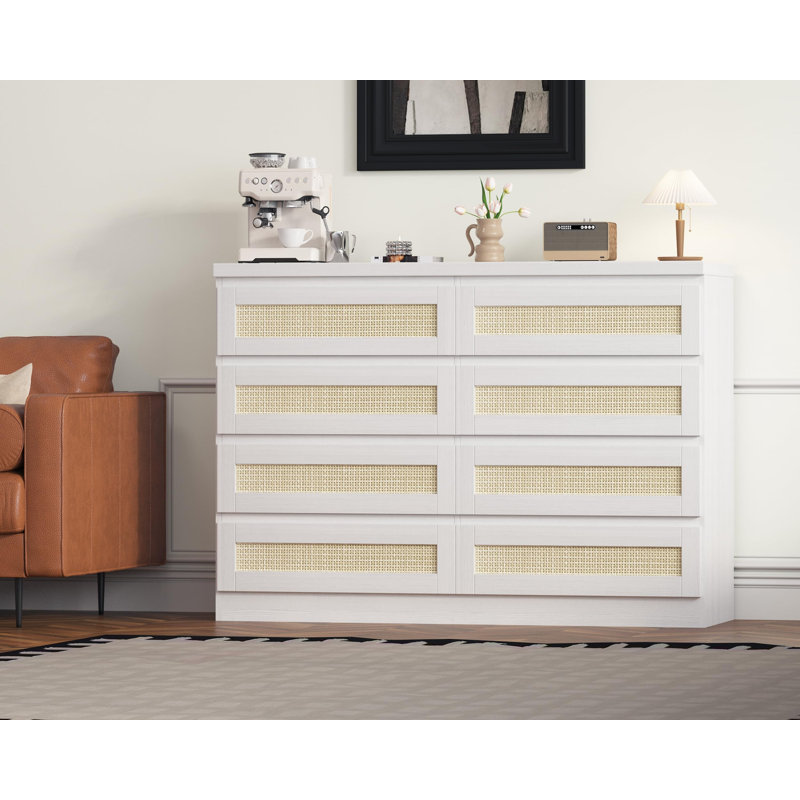 Commode spacieuse à 8 tiroirs en rotin de 47 pouces - Commode de style campagne moderne, meuble télé multifonctionnel et table d'entrée, mobilier de rangement pour grande chambre à coucher, blanc