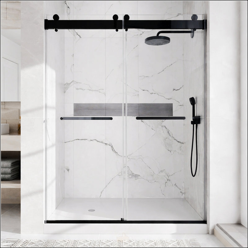 48 inches*76 inches Double Sliding Shower Door in Matte Black, 5/16 inches (8mm) Thick Tempered Glass Door with Stainless Accessories,Aluminum Alloy Upper Rail,Resistance-free Two Horizontal Handles