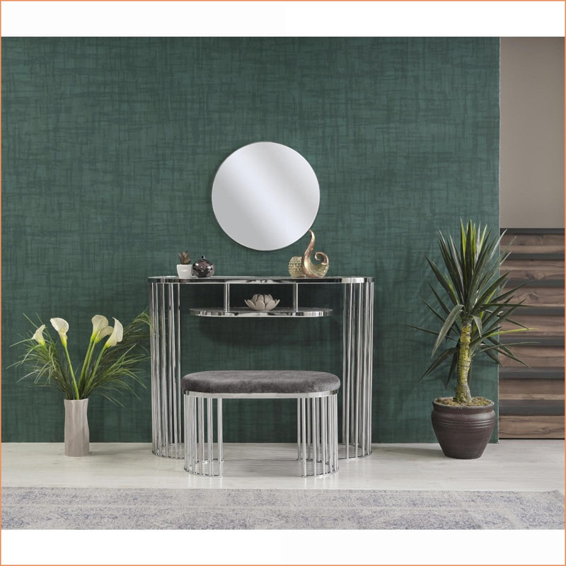 Ottoman, Modern Slate Gray Fabric Top with Chrome Legs for Entryway/Bedroom/Living Room | Chrome Silver | Metal, Gray