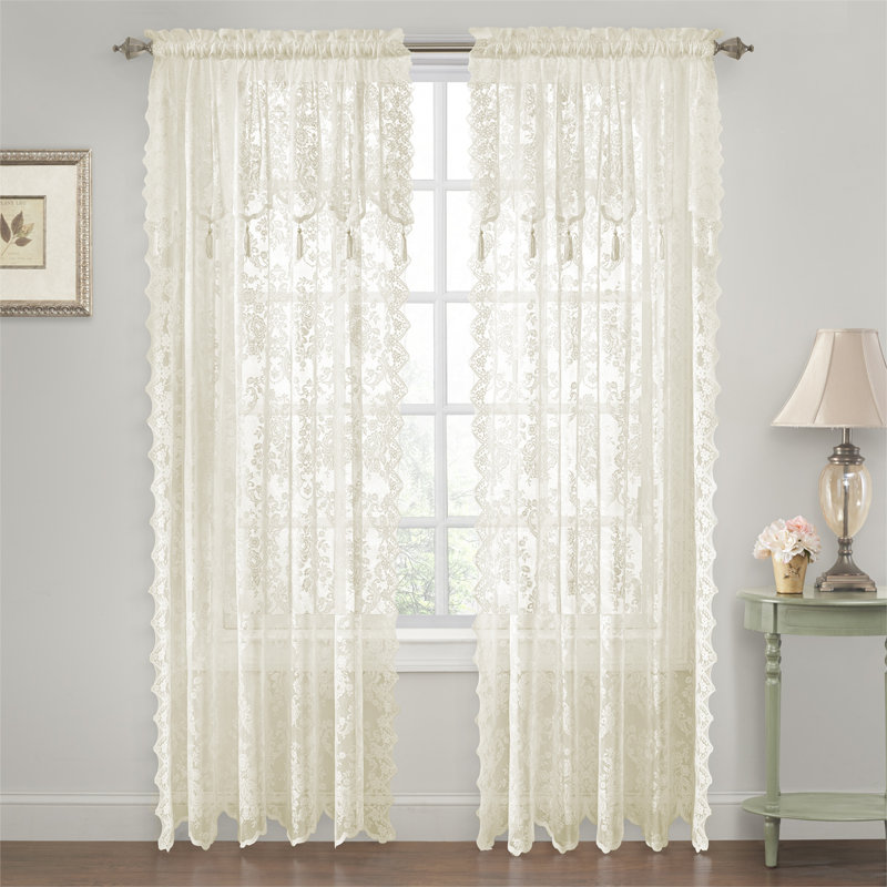 Panneau de rideau poche semi-transparent floral en dentelle Roxann Elegance, Blanc cassé