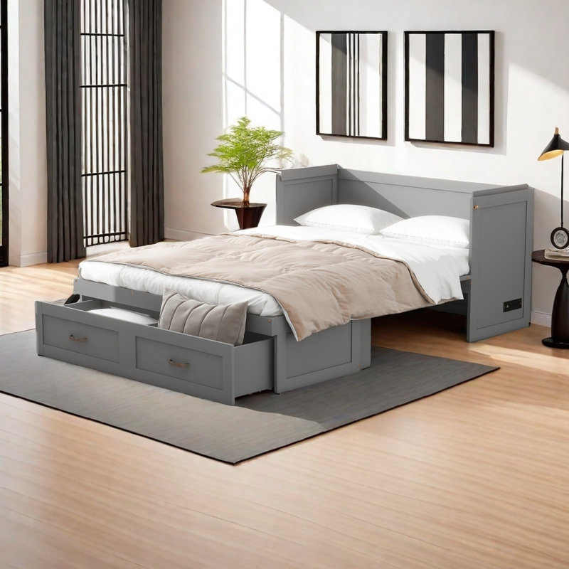 Lit escamotable avec ports USB, grands tiroirs et poignées en métal, gris, Complète