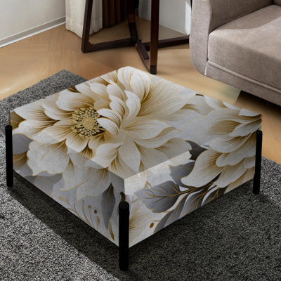 White And Gold Chrysanthemum Mandalas II - Floral Large Square Ottoman