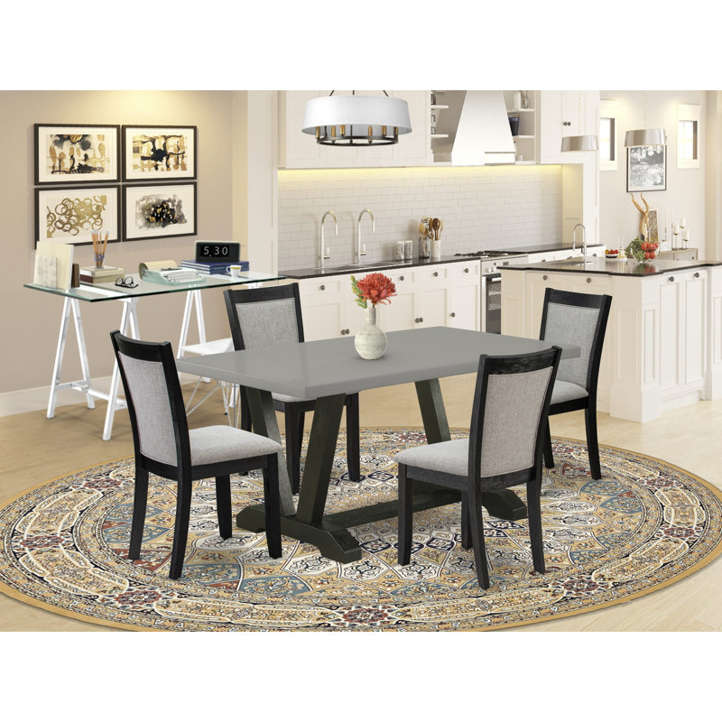 5-Piece Mid Century Table Set Contains a Cement Dining Table and 4 Shitake Linen Fabric Parson Dining Chairs with High Back - Wire Brushed Black Finish