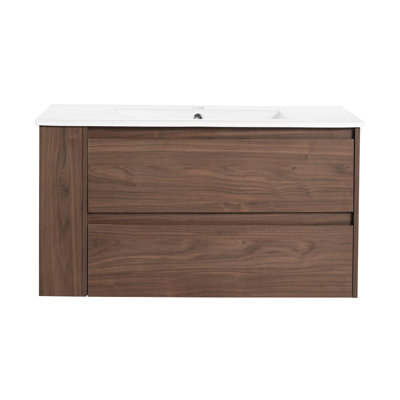 Parkersburg 36" Bathroom Vanity With Ceramic Sink & Soft Close Drawer - Fashionable Look Brown Oak Plywood Abundant Storage Options Modern Cabinet Wall Mounted Strong Generous