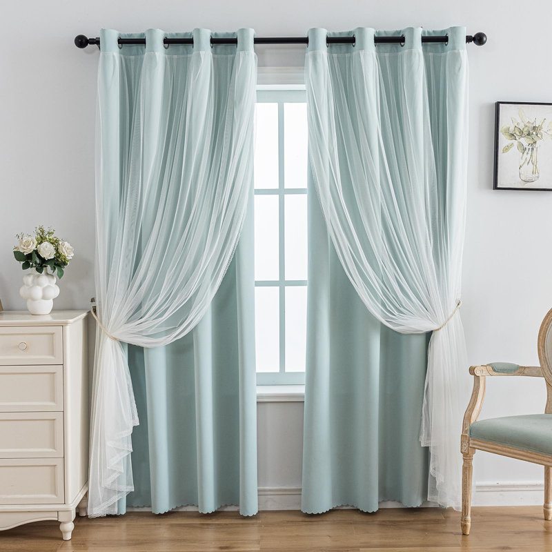 Montz Home Curtains Blackout And Sheer Layered Solid Window Curtain Panel Pair With Grommet Top, 52Wx84l,Light Blue