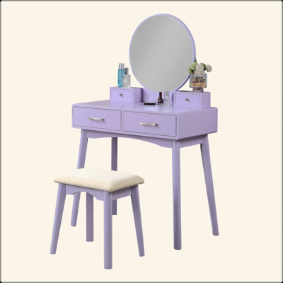 Contemporary Wood Vanity And Stool Set With 2 Drawers