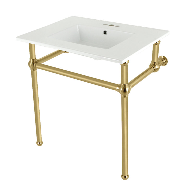 Kingston Brass Templeton 31-Inch Ceramic Console Sink with Brass Legs (8-Inch, 3-Hole), White/Brushed Brass