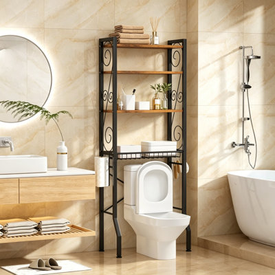 4-Tier Over-The-Toilet Storage Shelves, Freestanding Bathroom Organizer with Adjustable Feet Pads and Storage Basket, Space-Saving Rack for Toiletries and Towels, Rustic Brown