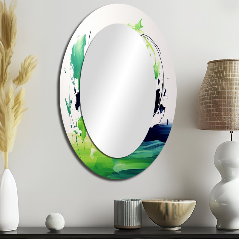 Vert et blanc abstrait à l'encre abstraite II - grand miroir mural ovale sur métal, 36 po x 24 po