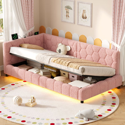 Single Boucle Side Opening Ottoman Storage Bed Frame with Smart RGB LED Lights & USB Charging Statio