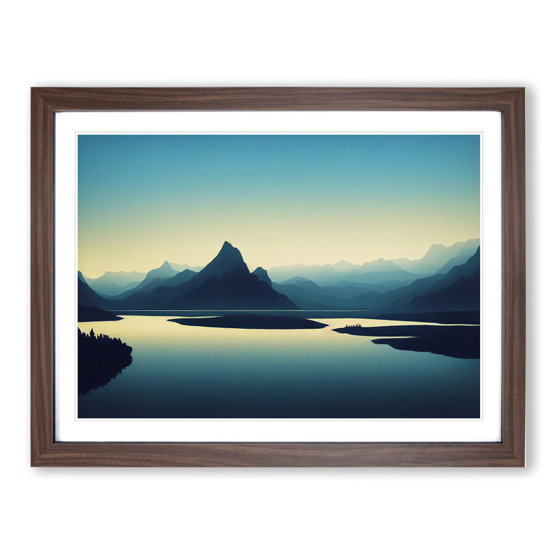 Mountain Lake Silhouette - Framed Print, 25cm H x 34cm W x 2cm D, Brown Framed