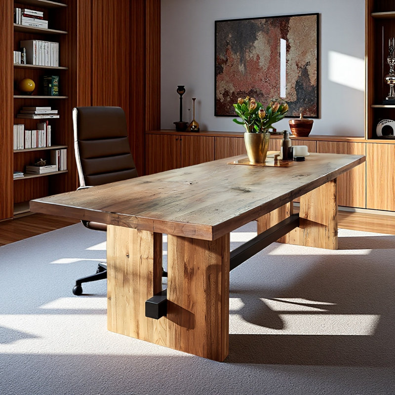 Oak-colored solid wood rectangular office table, 29.53" H x 86.61" W x 35.43" D
