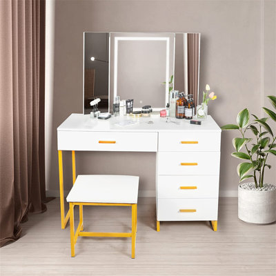Ensemble de coiffeuse moderne avec miroir lumineux Hollywood, coiffeuse élégante avec 5 tiroirs et tabouret rembourré