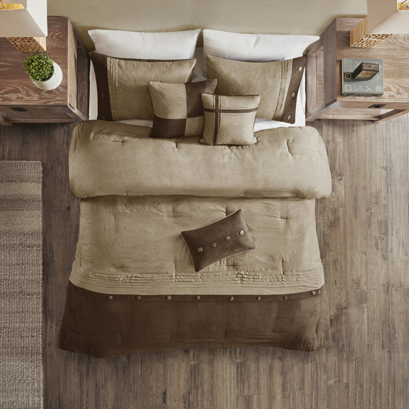 Édredon très grand 7 pièces brun - simili suède, thème chalet avec coussins, rembourrage, aspect suède lavable à la machine et froissé, vapeur décorative