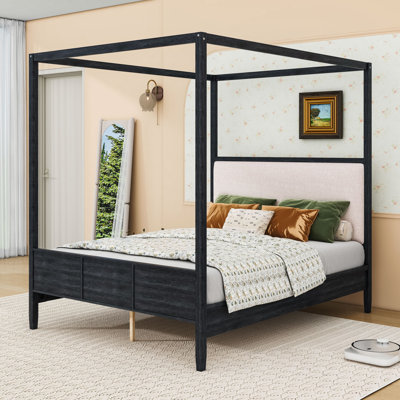 Elegant Wood Canopy Platform Bed with Upholstered Headboard and Slats