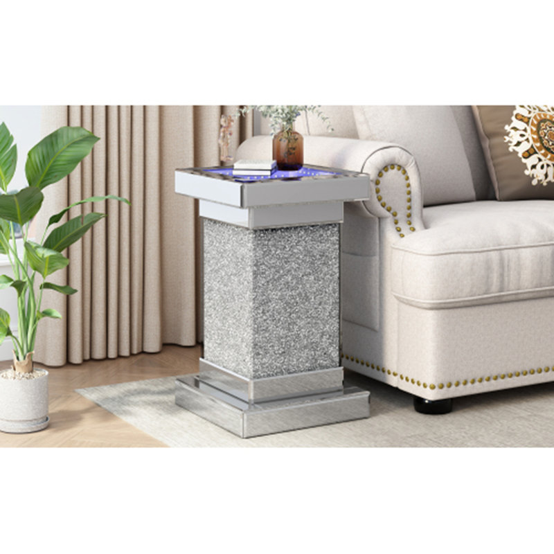 11.8'' Silver Square Mirrored End Table With LED Lights & Crushed Diamond For Living Room (No Assembly Required)