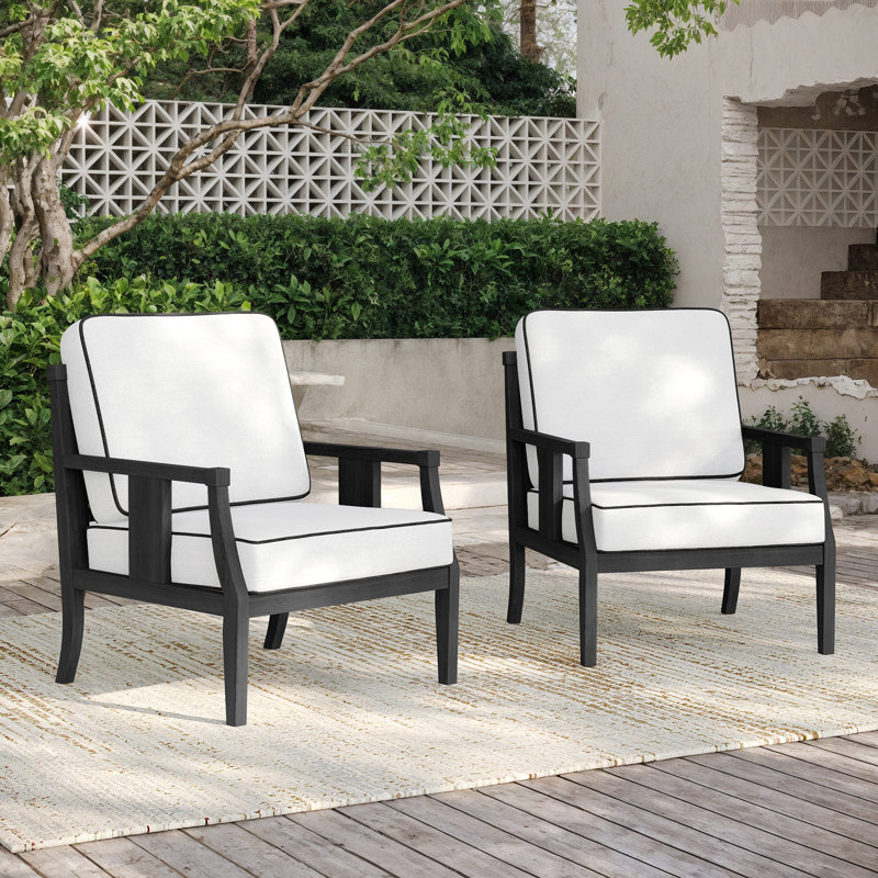 Louque 27.1" W Solid Wood Teak Outdoor Lounge Chair With Cushion, Beige, Black