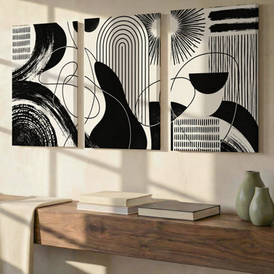 3 Pieces Exculisive Black Ink Graphic Abstract Panorama Wall Art, Modern Canvas Decor for Living Room, Bedroom, Office and Home, Ready to Hang