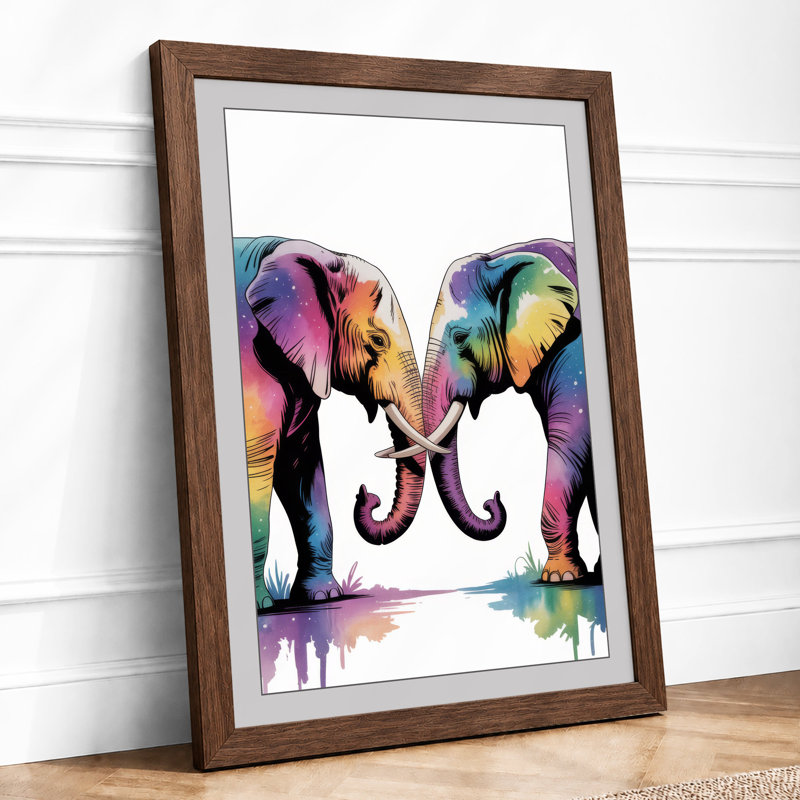 Elephants in Watercolour Modern - Framed Print, A4 - 29.7 x 21.0 cm, Walnut