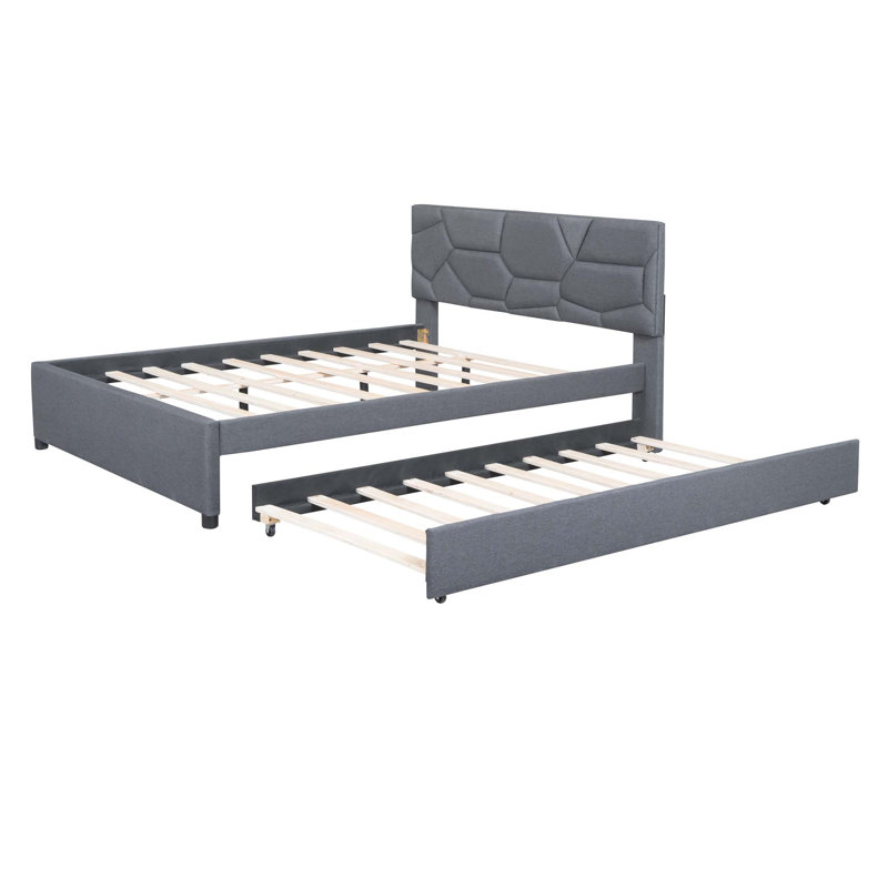 Lit plateforme tapissier avec tête de lit et lit gigogne à motif brique, Grand lit, Gris