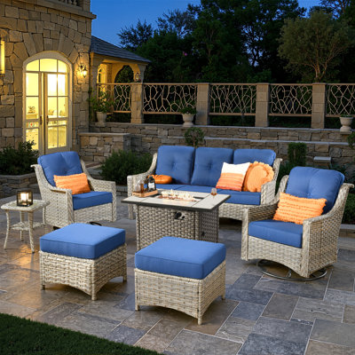 Emanuell 5 - Person Wicker Outdoor Conversation Set, Patio Sofa & Swivel Chair Set with Fire Pit and Cushions