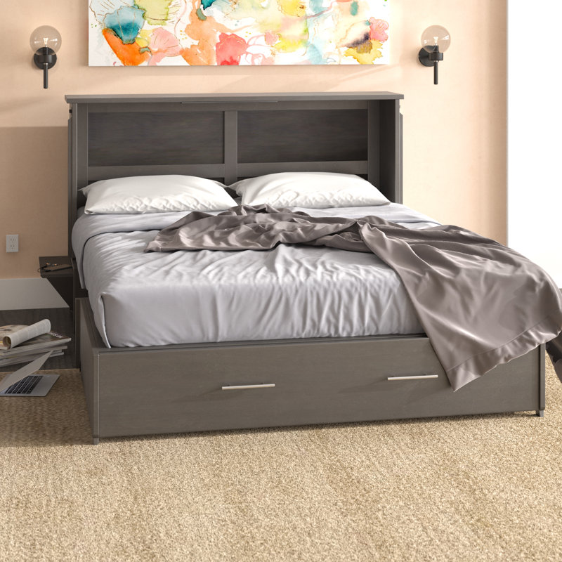 Grand lit escamotable avec armoire et rangement, Gris dévalé